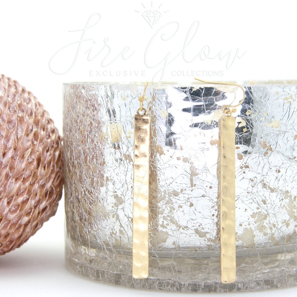 Gold Tone Long Bar Hammered Metal Hook Earrings - Picture 6 of 8